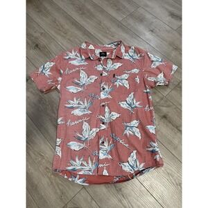 Men's Rip Curl Light Red Reverse Print‎ Button Down Floral Hawiian Shirt Size M